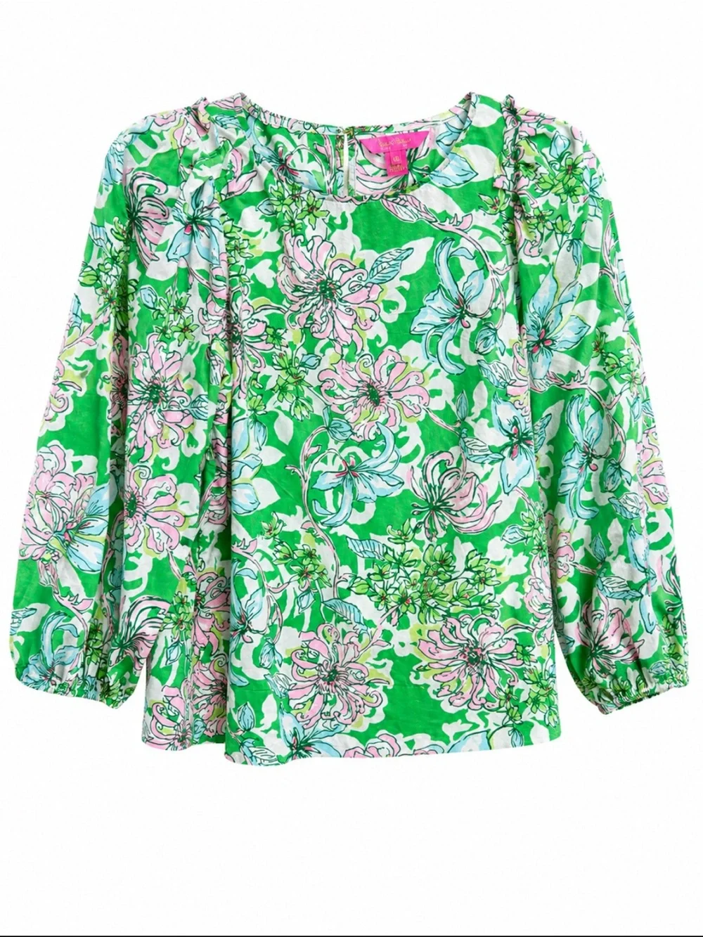 Lilly Pulitzer Green Pink Floral 100% Cotton Puff Sleeve Blouse Women’s 10